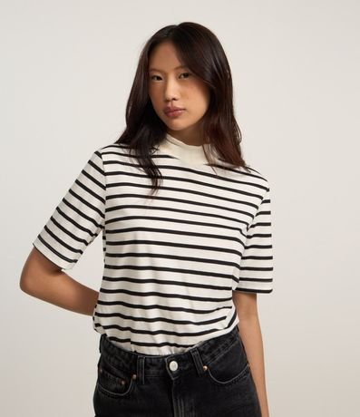 Remera en Algodón con Cuello Alto y Rayas