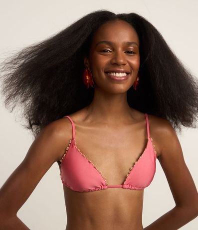 Bikini Top Triangular Fruncido en Microfibra Brillo con Adornos de Madera