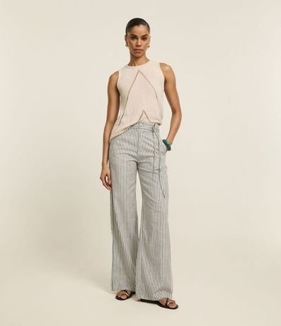 Pantalón Wide Leg en Sarga con Rayas y Cinturón Fino