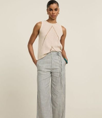 Pantalón Wide Leg en Sarga con Rayas y Cinturón Fino 2
