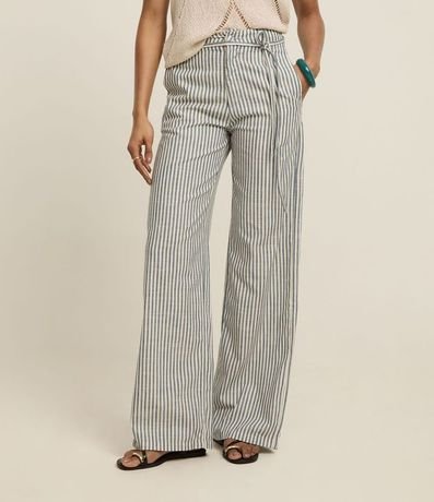 Pantalón Wide Leg en Sarga con Rayas y Cinturón Fino 4