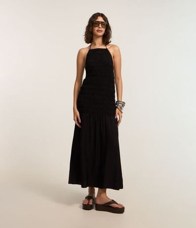 Vestido New Midi en Lastex con Cuello Halter y Volado