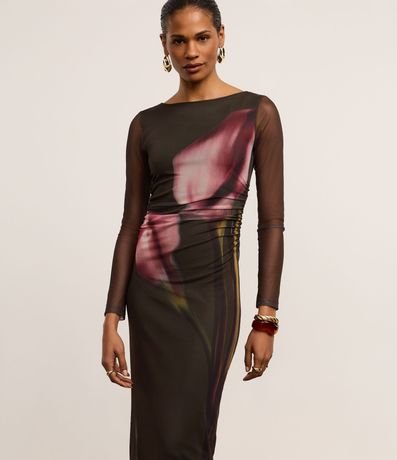 Vestido Reto Midi en Tule con Estampa Flora Blur 2
