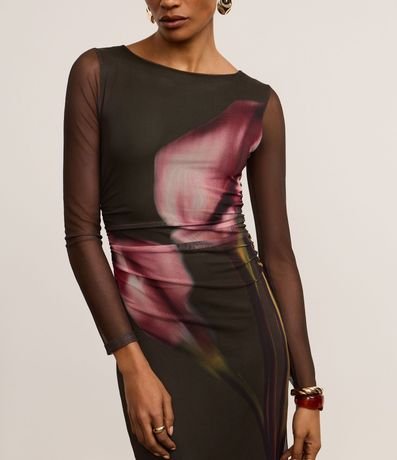 Vestido Reto Midi en Tule con Estampa Flora Blur 5