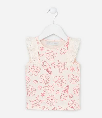 Musculosa Infantil en Rib con Detalle en Broderie y Estampa - Talle 1 a 6 años