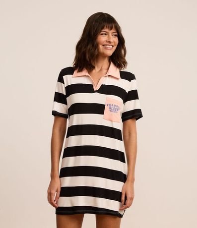 Camisón en Viscosa Rayada con Cuello Polo y Estampa Peanuts 1
