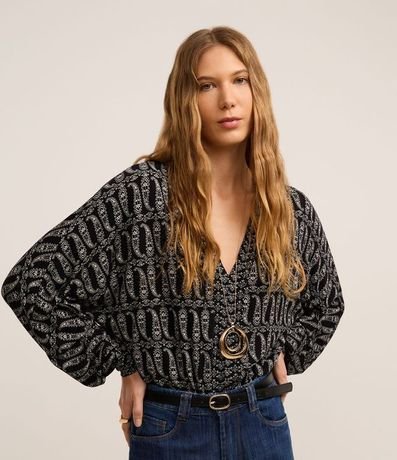 Body en Microfibra con Escote Profundo y Estampa Paisley