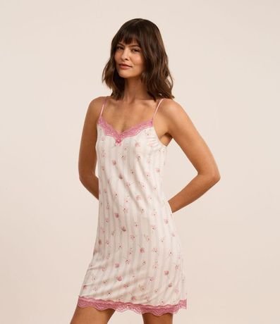 Camisola Bretel Fino en Viscosa con Estampa Floral y Detalle en Encaje