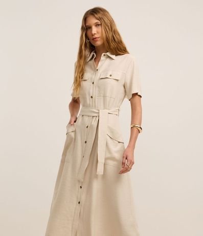 Vestido Midi en Sarga con Bolsos Utilitários y Lazo 1