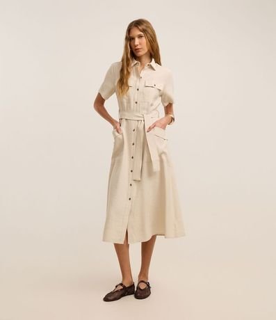 Vestido Midi en Sarga con Bolsos Utilitários y Lazo 2