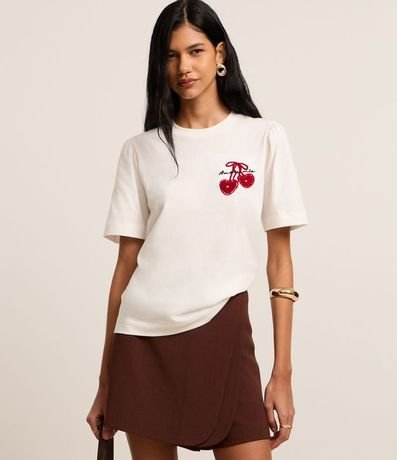 Remera Slim en Algodón con Estampa Localizada Corazón y Manga con Frufru
