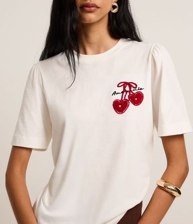 Remera Slim en Algodón con Estampa Localizada Corazón y Manga con Frufru 4