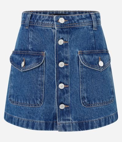 Pollera Corta en Jeans con Botones y Bolsillos Delanteros