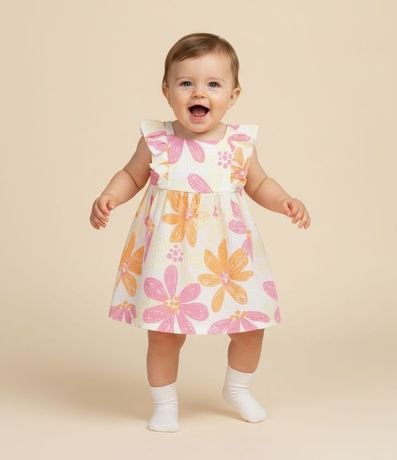 Vestido Infantil con Estampa Floral y Textura - Talle 0 a 18 Meses