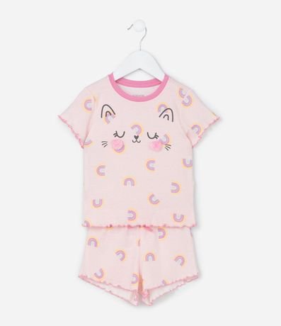 Pijama Corta Infantil con Estampa de Gatito con Bochechas de Pompón - Talle 1 a 4 años