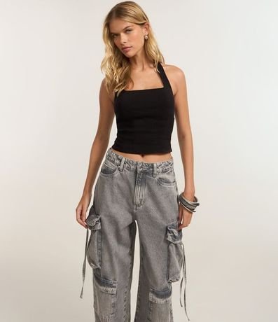 Pantalón Baggy en Jeans con Bolsillos Cargo y Tiritas 2