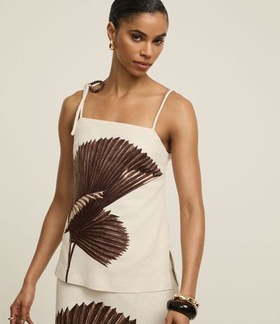 Blusa en Viscolino con Lazo en Breteles y Estampa Follaje