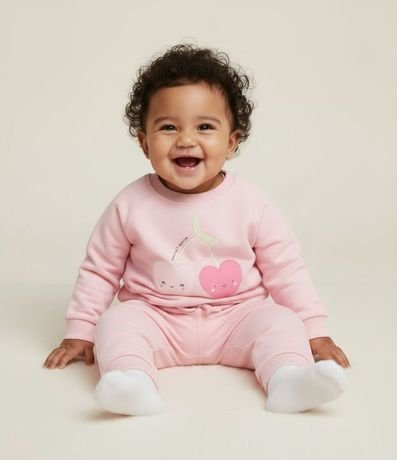 Saco Cerrado Infantil en Modal con Estampa de Cerezas de Corazón - Talle 0 a 18 Meses