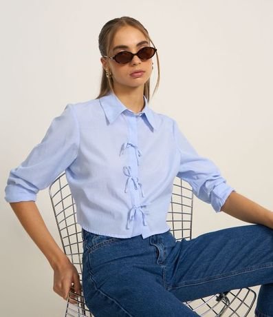 Camisa Cropped en Tricolina con Rayas con Lacitos Delanteros