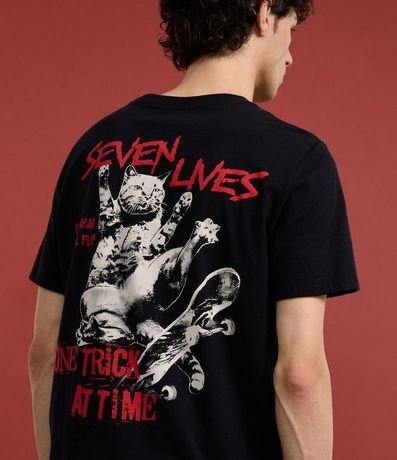 Remera Regular en Algodón con Estampa de Gato Skater