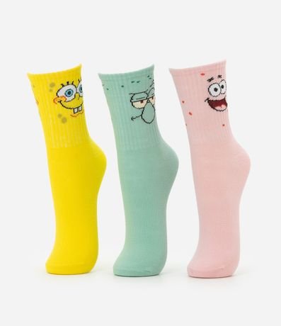 Kit 03 medias Cano mediano en Algodón con Estampa Personagens Bob Esponja
