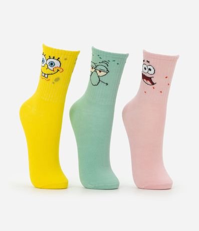 Kit 03 medias Cano mediano en Algodón con Estampa Personagens Bob Esponja 2