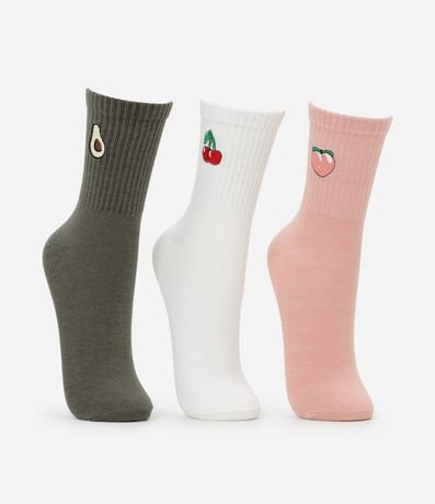 Kit 03 Medias Cano Mediano en Algodón con Bordado de Frutas
