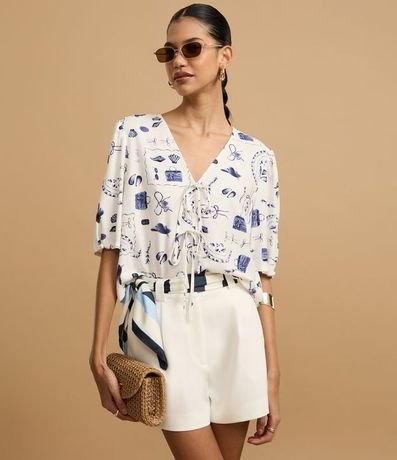 Blusa en Viscolino con Manga Abullonada y Estampa Playa 3