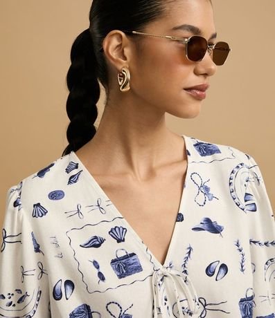 Blusa en Viscolino con Manga Abullonada y Estampa Playa 4