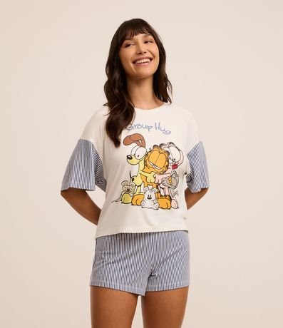 Pijama Short Doll en Viscosa con Estampa Garfield y Rayas