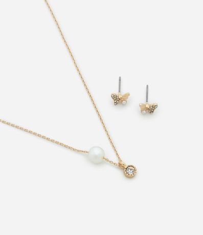 Conjunto de Collar Corto con Colgante y Perla Artificial y Caravana Mariposa