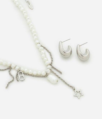 Conjunto de Collar con Perlas Artificiales y Correntes con Caravana aro 1