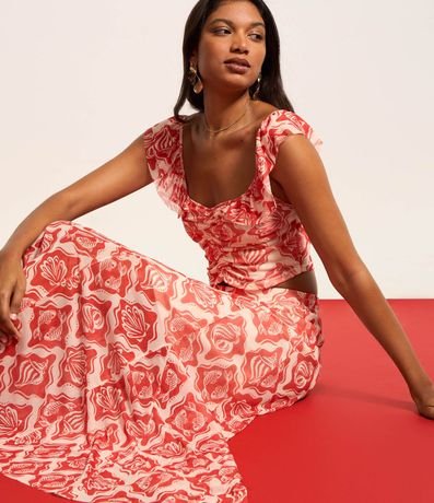 Blusa en Tule Estampado de Caracolas con Volados y Fruncido 4