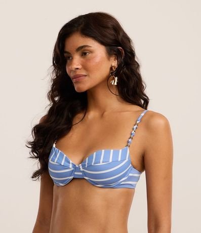 Bikini Top Media Taza en Microfibra Rayada con Adorno en el Bretel