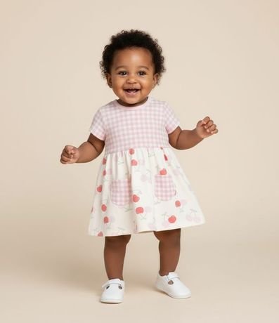 Vestido Infantil con Estampa de Cuadros y Cerezas - Talle 0 a 18 Meses