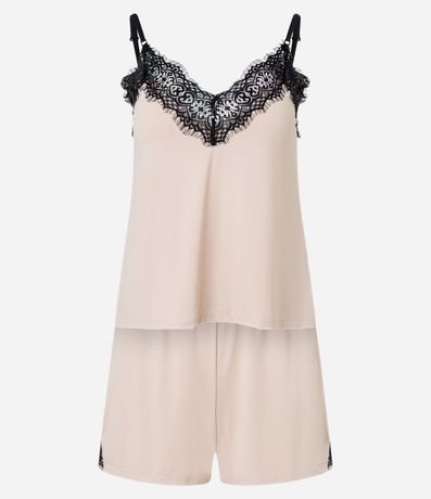 Pijama Short Doll en Microfibra con Detalle de Encaje Contrastante