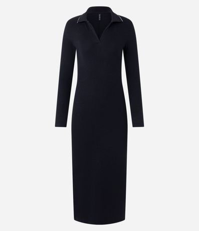 Vestido Long Midi en Rib con Cuello Polo en Punto