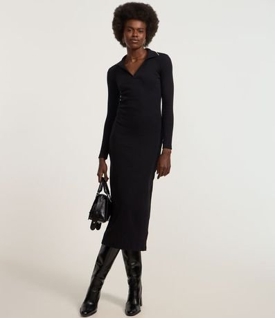 Vestido Long Midi en Rib con Cuello Polo en Punto 2
