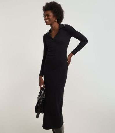 Vestido Long Midi en Rib con Cuello Polo en Punto 3