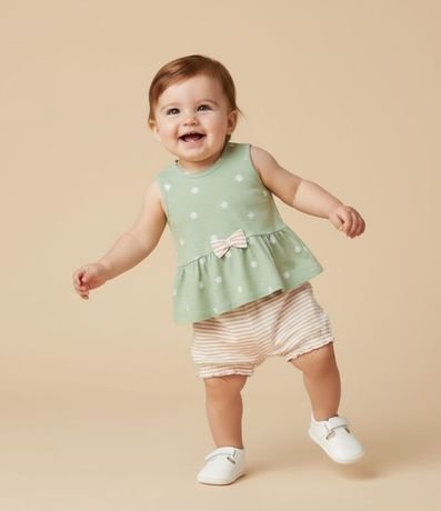 Conjunto Infantil en Malla con Moña y Estampa de Flores - Talle 0 a 18 meses