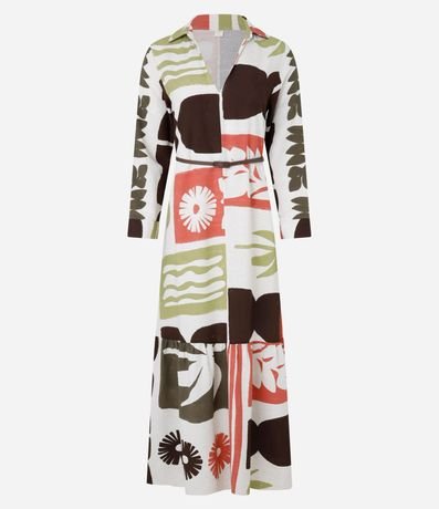 Vestido Chemise Evasê Midi en Viscolino con Estampa Xilogravura