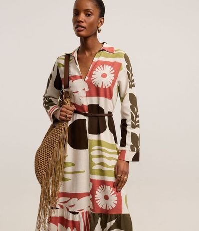 Vestido Chemise Evasê Midi en Viscolino con Estampa Xilogravura 2