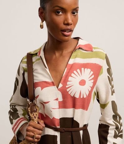 Vestido Chemise Evasê Midi en Viscolino con Estampa Xilogravura 3