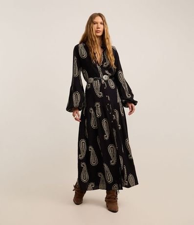 Vestido Chemise en Viscosa con Botones y Estampa Paisley