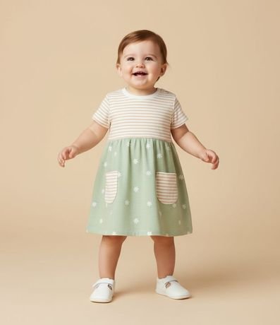 Vestido Infantil en Algodón con Estampa de Rayas y Flores -Talle 0 a 18 Meses