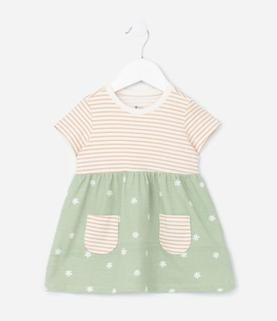 Vestido Infantil en Algodón con Estampa de Rayas y Flores -Talle 0 a 18 Meses 2