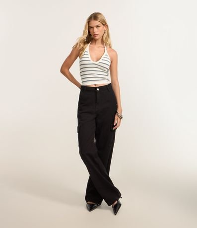 Pantalón Recto Comfort en Sarga con Bolsillos Cargo