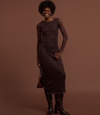 Vestido Long Midi en Tule con Estampa de Animal Print Leopardo y Mangas Transparentes 4