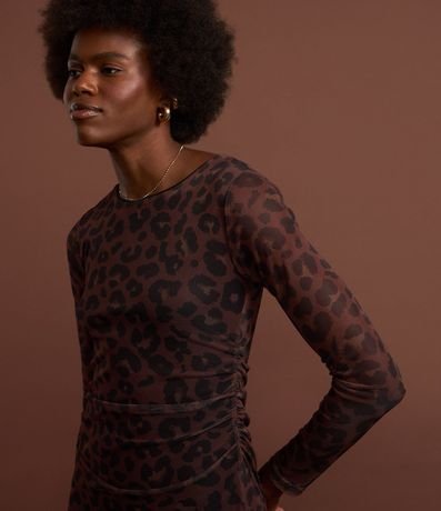 Vestido Long Midi en Tule con Estampa de Animal Print Leopardo y Mangas Transparentes 5