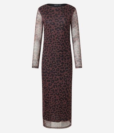 Vestido Long Midi en Tule con Estampa de Animal Print Leopardo y Mangas Transparentes 6